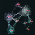 Big data visualization. Cluster computing network. Social media connections. Web of connected nodes. Distributed network