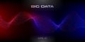 Big data visualization. Wavy stream of particles. Wavy stripes of data units. Dark background with red and blue glowing