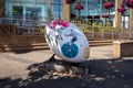 Big Decorated rugby balls in the centre of Rugby city with sunlight