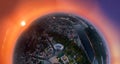 A big 180 degrees panorama of the city of Kiev over the St. Michael`s Golden-Domed Monastery at sunset. Royalty Free Stock Photo