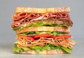 Big deli meat sandwich stuffed with cheese, ham, tomato. Club sandwich. Above view isolated on white background Royalty Free Stock Photo