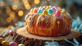 big delicious festive Easter bread, on a wooden desk with colored easter eggs, banner, poster