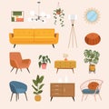 Big detailed Interior set. Cozy living room. Flat vector cartoon illustration