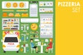 Big detailed Pizzeria Interior flat icons set. Menu, Refrigerator, Waiter, Chairs, Tables. Pizza conceptual web vector