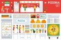 Big detailed Pizzeria Interior flat icons set. Menu, Waiter, Chairs, Deliveryman, Tables.