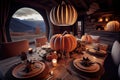big dining table in chalet with pretty pumpkin decorations for holiday