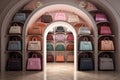 Big display racks with colorful female handbags in store.