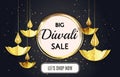 Big Diwali festival sale template banner offer design isolated in black background with golden paper origami oil lamps Royalty Free Stock Photo