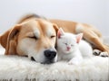 Big dog and little kitten sleeping together on white carpet Royalty Free Stock Photo