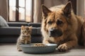 Big dog and small kitten eating together Royalty Free Stock Photo