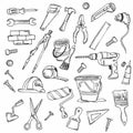 Big doodle set of home repair tools in doodle style. hand and electrical tools, wall painting and woodwork tools, different Royalty Free Stock Photo