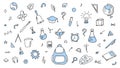 Big Doodle set school, science. Black and white outline. Sketch icon set. Vector isolated on white. School supplies Royalty Free Stock Photo