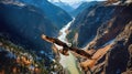 Big eagle is soaring over canyon and river, generative ai Royalty Free Stock Photo