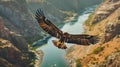 Big eagle is soaring over canyon and river, generative ai Royalty Free Stock Photo