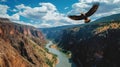 Big eagle is soaring over canyon and river, generative ai Royalty Free Stock Photo