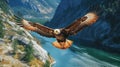 Big eagle is soaring over canyon and river, generative ai Royalty Free Stock Photo