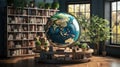 Big Earth globe on a shelf in a library room