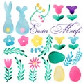 Big Easter Collection. Bunny, various decorative eggs, ribbons, greenery. Pink, green, yellow,blue paint. Hand drawn water color, Royalty Free Stock Photo