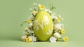 Big Easter egg with ornament decorated with fresh spring wildflowers on chartreuse background. Holiday banner card template with