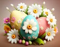 big easter eggs in cute 3d style with spring flowers and leaves Royalty Free Stock Photo