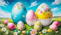 Big Easter eggs decorated with flowers inbetween of many pastel colored eggs on a meadow