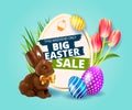 Big Easter Sale. Festive background design with realistic colorful eggs, easter chocolate bunny, rabbit with bow and Royalty Free Stock Photo