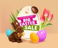 Big Easter Sale. Festive background design with realistic colorful eggs, easter chocolate bunny, rabbit with bow and Royalty Free Stock Photo