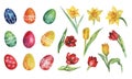 Big Easter set with colorful Easter eggs and spring flowers-tulips and daffodils. Watercolor illustration. Happy Easter.