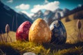 Big eastereggs on a meadow with mountains.generative ai