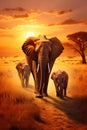 big elephant family walking by sunny savannah at sunset, animals of africa Royalty Free Stock Photo