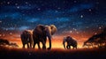 big elephant family walking by sunny savannah at sunset, animals of africa Royalty Free Stock Photo