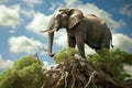 The big elephant is surprisingly stand on the top of the tree. Royalty Free Stock Photo