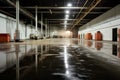 Big, empty, dark, industrial looking storage room area Generative Ai Royalty Free Stock Photo