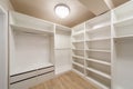 Big empty wardrobe in dressing room. Large wardrobe room, with empty shelves. Interior of modern empty dressing room, wardrobe Royalty Free Stock Photo