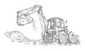 Big excavator is digging the ground at work. Hand drawn vector sketch