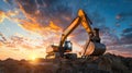 Big excavator working at a construction site at sunset created with Generative AI Royalty Free Stock Photo