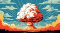 Big explosion of nuclear bomb in the sky. Vector cartoon illustration.