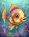 Big eye fish, ugly fish with exaggerated features, cartoon illustration