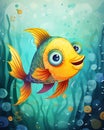 Big eye fish, ugly fish with exaggerated features, cartoon illustration