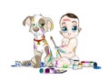 Big eyed baby and his snuffy puppy soiled by paints