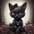 Big Eyed Cute Gothic Cat with Antique Pink Roses Royalty Free Stock Photo