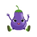 Big Eyed Cute Girly Eggplant Character Sitting, Emoji Sticker With Baby Vegetable