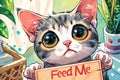 Big-eyed hungry kitty asking for food with a sign that says "Feed me". Concept of pet care, animal feeding, funny cats Royalty Free Stock Photo