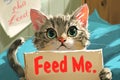 Big-eyed hungry kitty asking for food with a sign that says "Feed me". Concept of pet care, animal feeding, funny cats Royalty Free Stock Photo