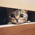 big eyed tabby cat peering through wooden slats