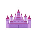 Big fairy tale castle with high towers and conical roofs. Pink medieval fortress. Flat vector for children book