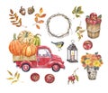 Watercolor fall set. Pumpkin truck, apples, leaves, berries, bird, wreath, flowers on white background. Autumn harvest