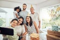 Big family and birthday party selfie on smartphone for happy bonding photograph memory in Mexico. Love, support and care Royalty Free Stock Photo