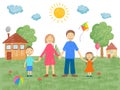 Big family. Father mother brother standing near house grass and sun summer background kids hand drawn style vector Royalty Free Stock Photo
