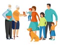 Big family. Father and mother, grandmother and grandfather, children and pets. Flat Royalty Free Stock Photo